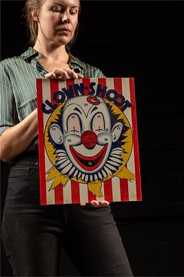 Vintage Clown Shoot/Baseball Reversible Tin Game. Item SKU: 5765 C. 1950 double-sided tin litho 