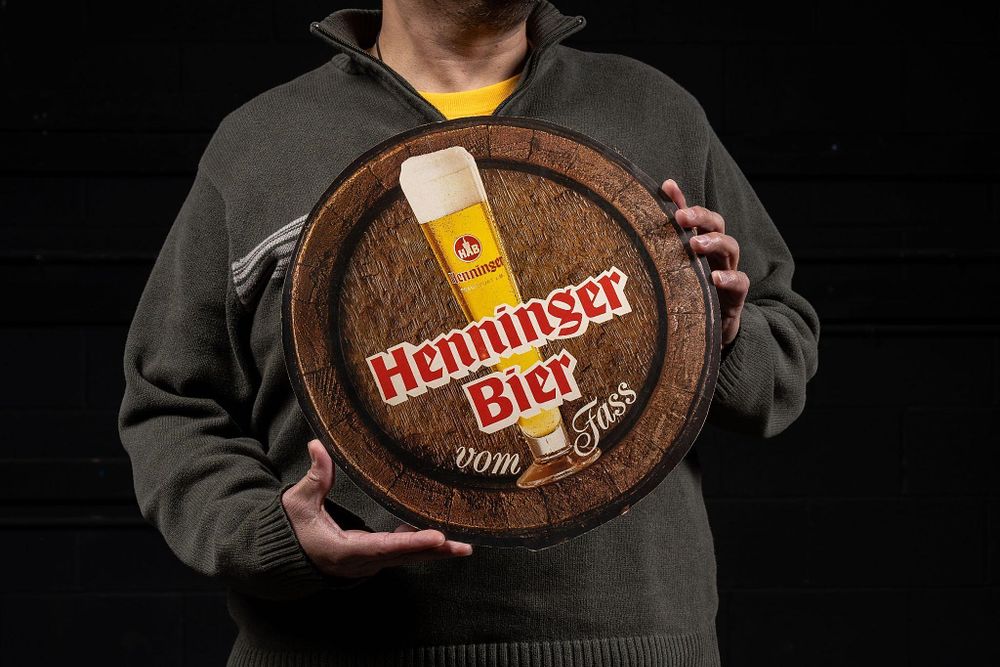 Lot 195: Henninger Bier Double Sided Cardstock Beer Sign