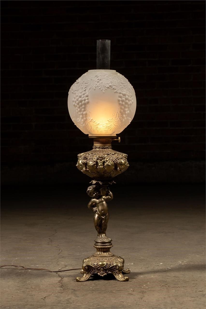 Lot 201: Late 19th C. Figural Brass Cherub Banquet Lamp