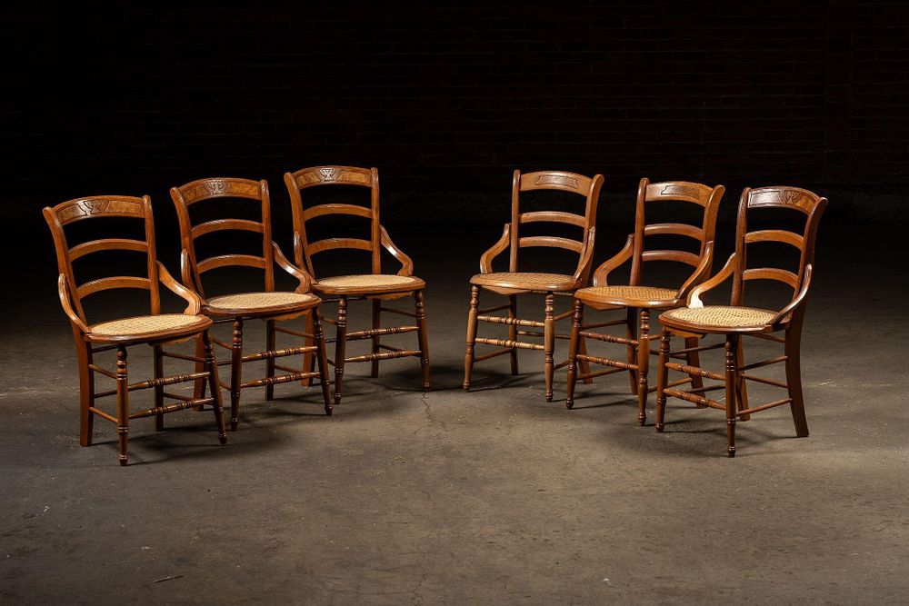 Lot 204: Lot Of Six Wooden Dining Chairs with Cane Seats