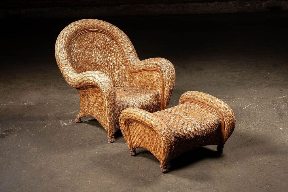 Lot 266: Vintage "Malabar" Rattan Lounge Chair and Ottoman