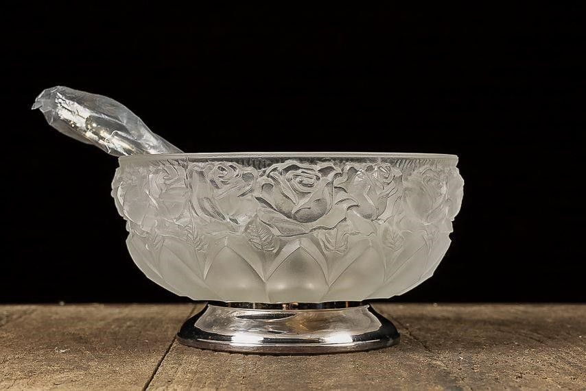 Lot 280: Frosted Rose Crystal Serving Dish with Utensils