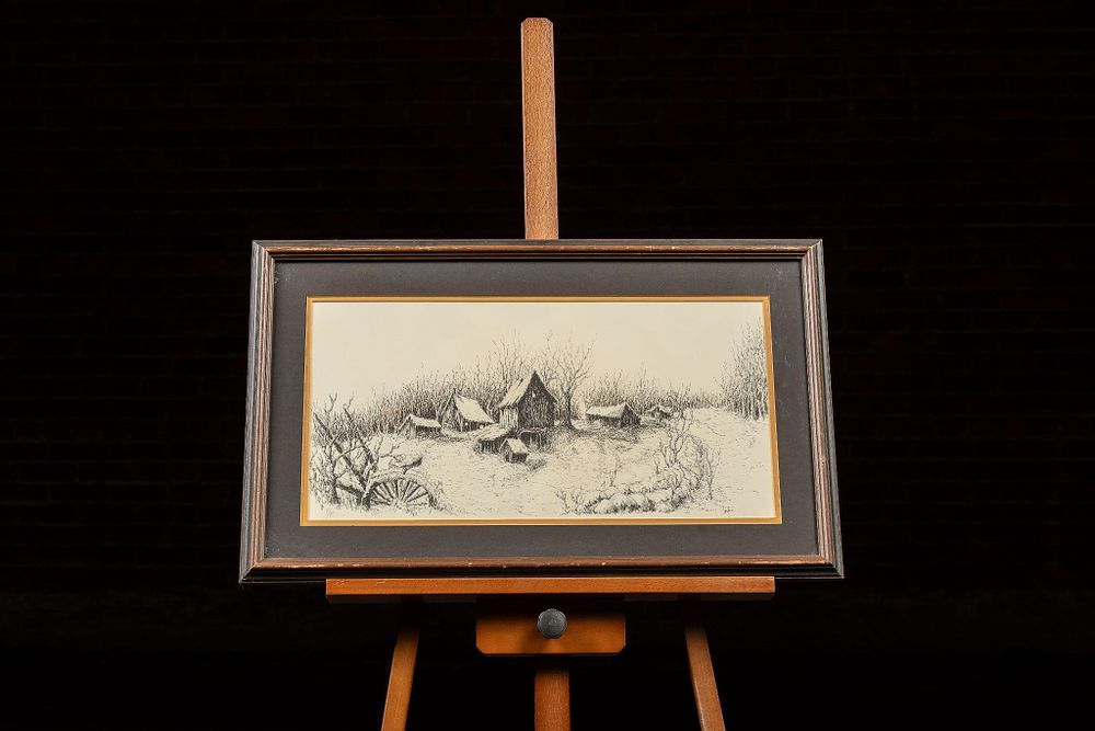 Lot 312: Illustration of Primitive Homestead, Signed