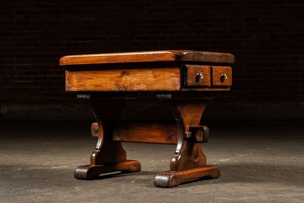 Lot 321: Vintage Pine Trestle Bench by Ackermann's
