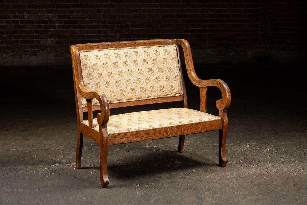 Lot 322: Vintage Oak Children's Bench with Floral Cushions