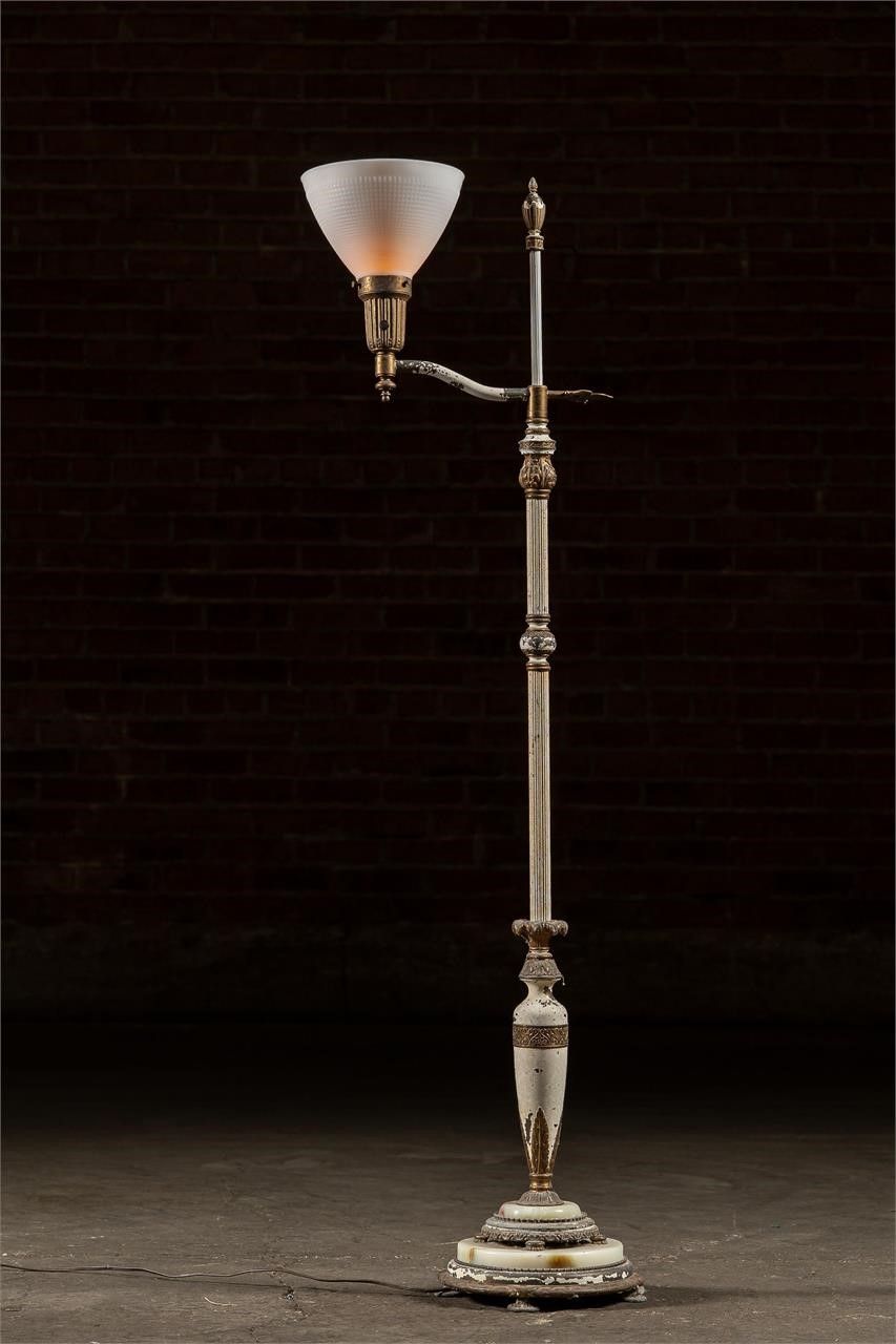 Lot 330: Antique Bridge Arm Floor Lamp w/ Milk Glass Shade