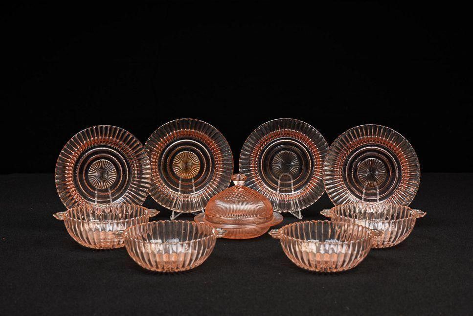 Lot 334: Set of Pink Depression Glass Bowls and Saucers