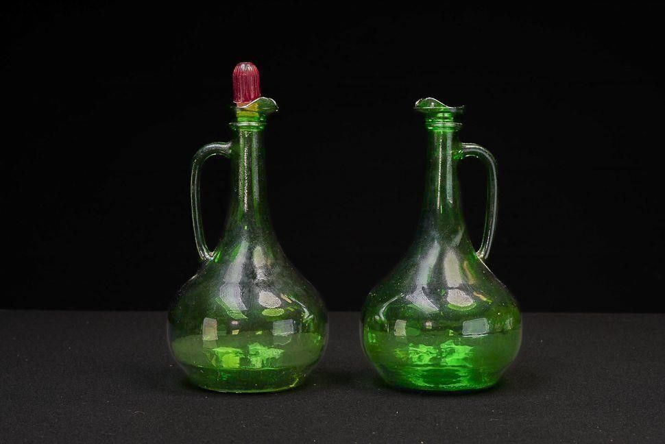 Lot 351: Pair of Vintage Green Glass Cruets with Handles