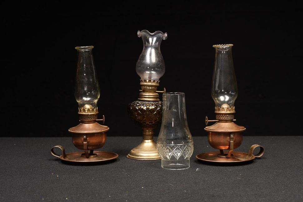 Lot 352: Lot of Three Vintage Oil Lamps with Chimneys