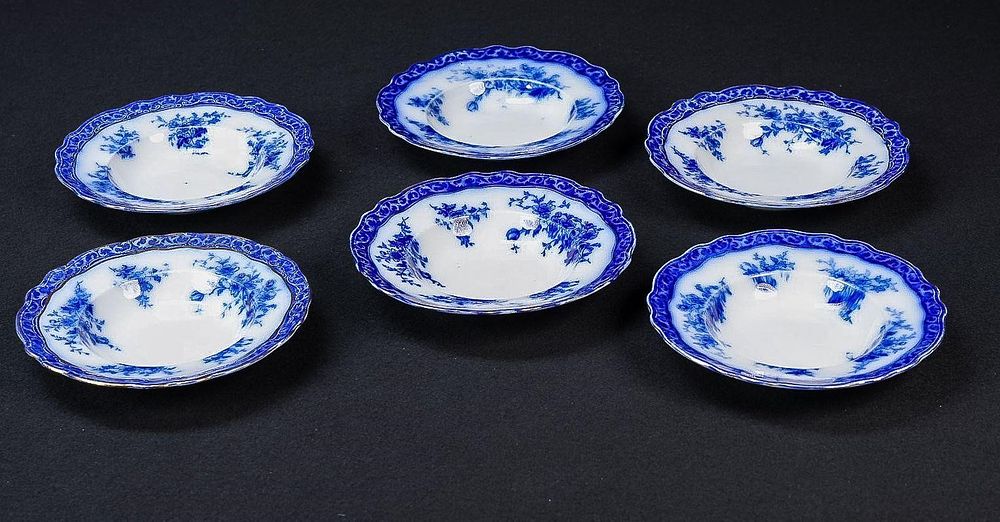 Lot 377: Set of Six Flow Blue Alcock Rimmed Soup Bowls