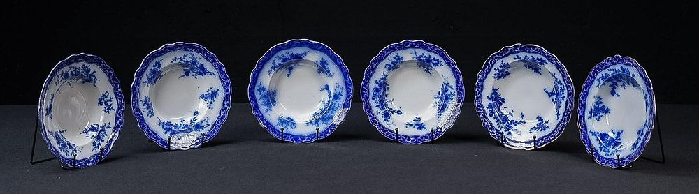 Lot 378: Mixed Set of Six Flow Blue Rimmed Soup Bowls