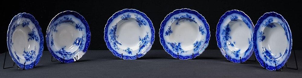 Lot 379: Set of Six Flow Blue Alcock Rimmed Soup Bowls