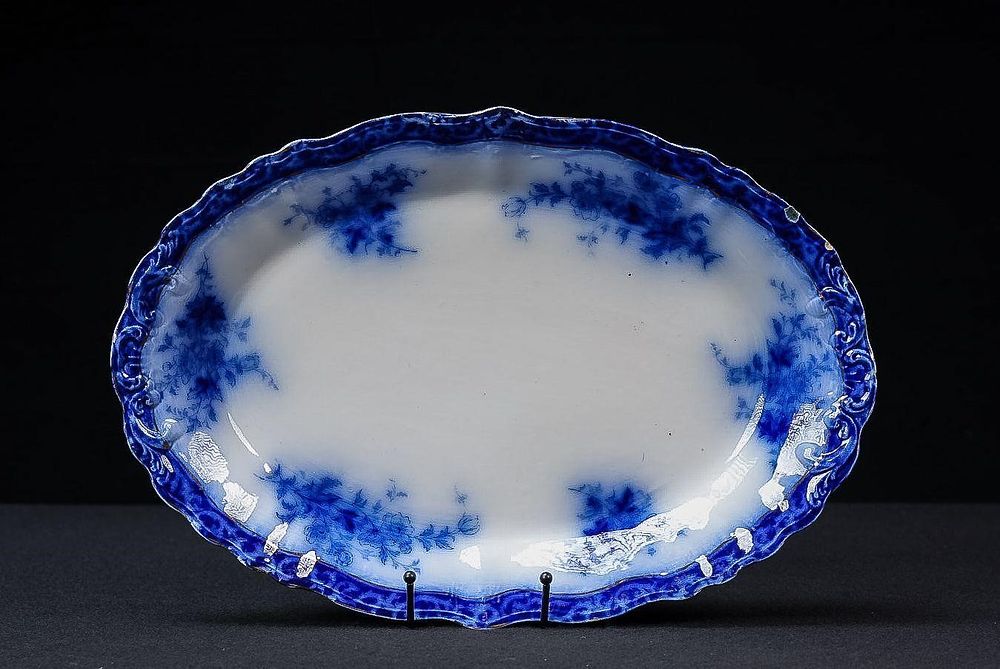 Lot 387: Medium Victorian Flow Blue Alcock Oval Platter