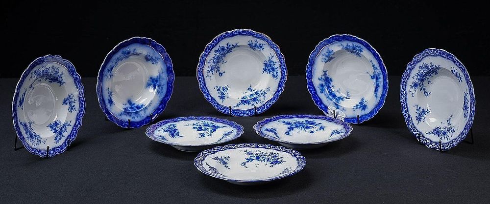 Lot 393: Set of Eight Flow Blue Alcock Rimmed Soup Bowls