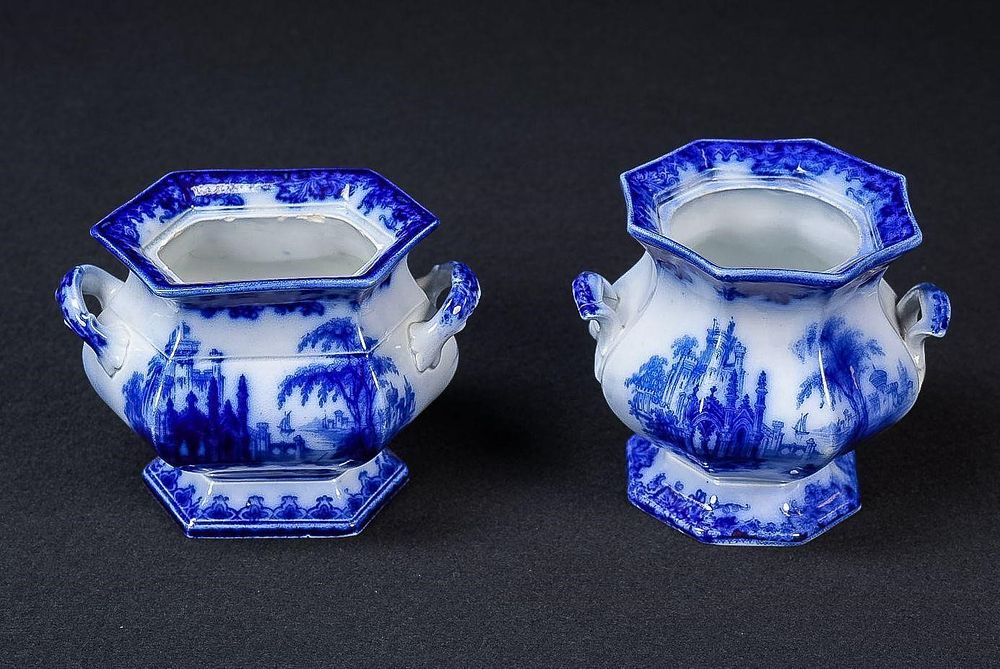 Lot 431: Pair of Flow Blue "Coburg" Sugar Bowls