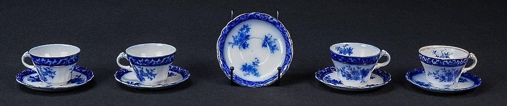 Lot 447: Set of 4 Alcock Flow Blue Demitasse Cup-Saucers