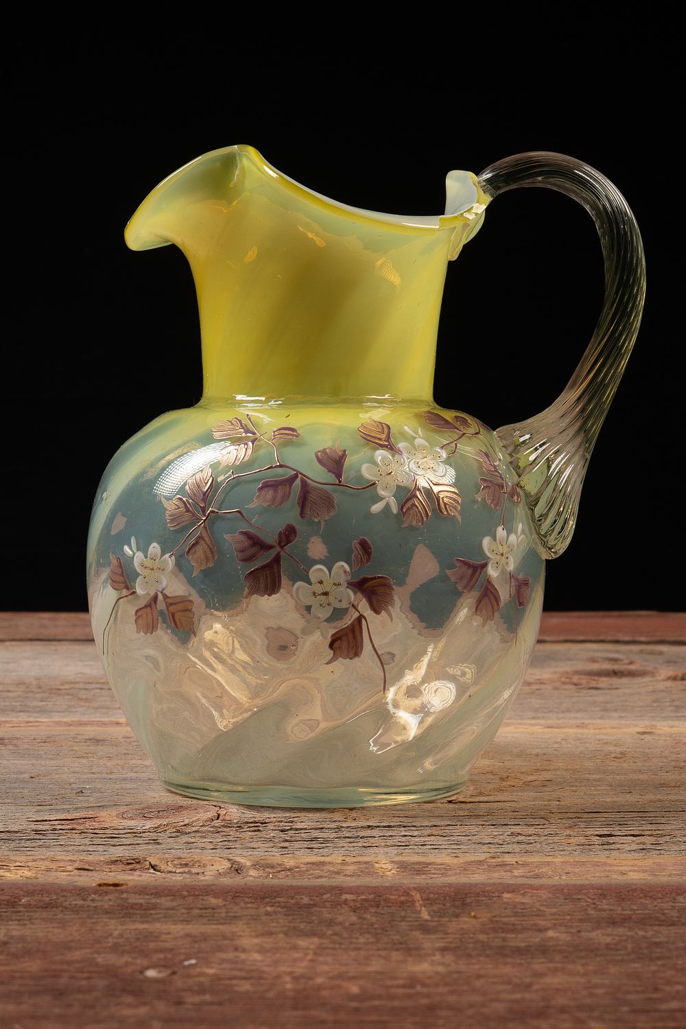 Lot 158: Hand Painted Floral Motif Satin Glass Pitcher