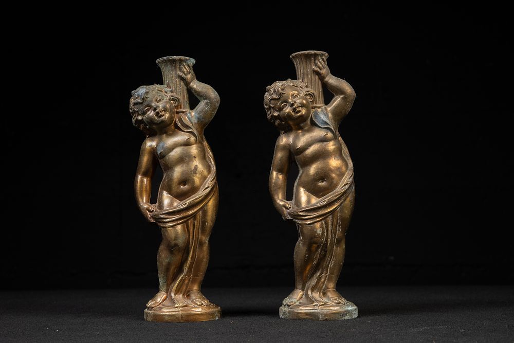 Lot 266: Pair of Antique Cast Brass Cherub Candle Holders