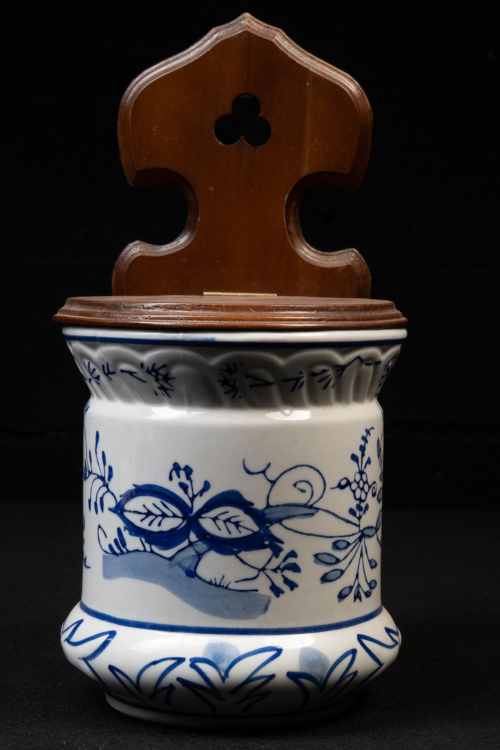 Lot 300: Antique Ceramic Blue & White Wall-Mounted Salt Box