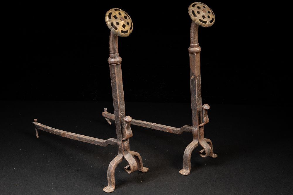 Lot 324: Industrial Cast Iron & Brass Andirons