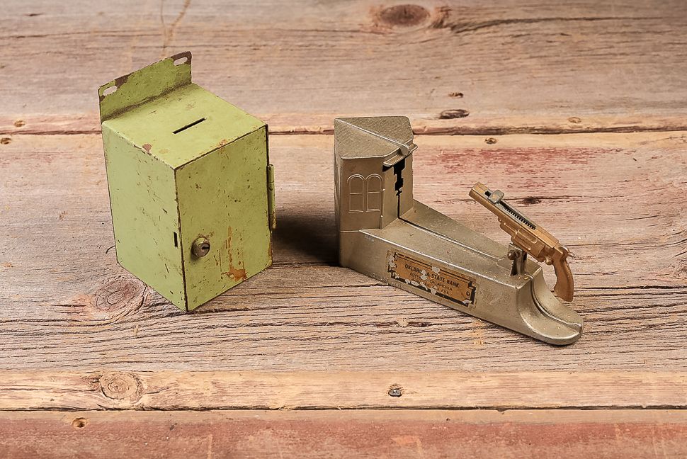 Lot 404: Lot of 2 Metal Coin Banks, Square and Pistol Bank
