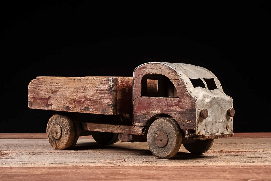 Lot 408: Handmade Wooden Dump Truck Toy with Metal Cab