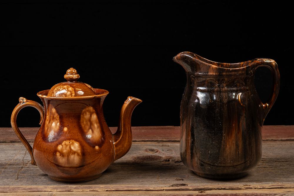 Lot 474: Vintage Brown Glazed Pottery Pitcher and Teapot