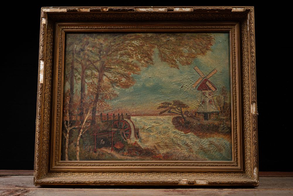 Lot 481: Antique Windmill Landscape Oil Painting