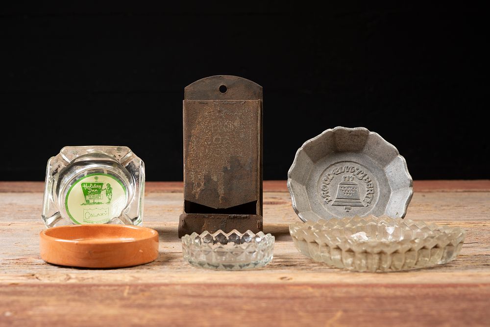 Lot 491: Assorted Vintage Ashtrays with Metal Match Safe