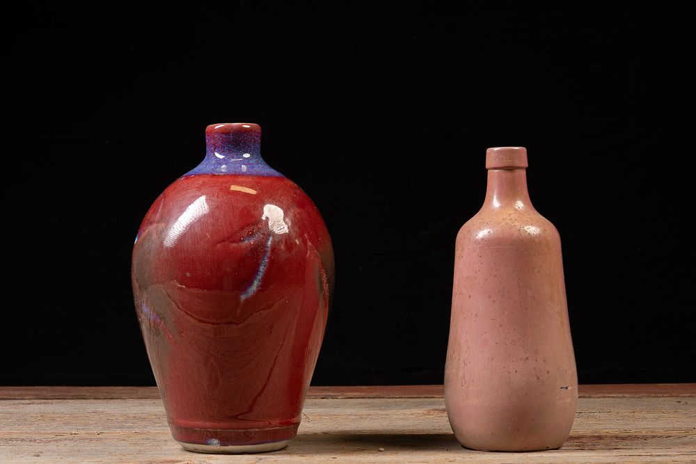 Lot 497: Pair of Mid-Century Glazed Ceramic Bottle Vases