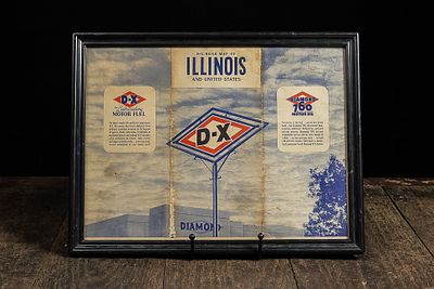 Framed D-X Road Map of Illinois and United States. C-14400 This framed display features a 