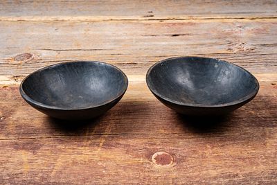 Lot of Two Primitive Turned Wooden Bowls. C-20740 Pair of hand-turned wooden bowls with deep 