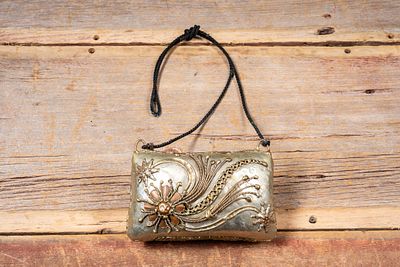 Floral Appliqu&eacute; Metal Handbag, Mid 20th Century. C-20752 Small embossed metal handbag with 