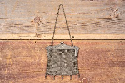 German Silver Mesh Chain Handbag, Early to Mid C. C-20753 Metal mesh chain handbag with ornate 