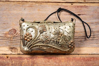 Sea Inspired Appliqu&eacute; Metal Handbag, Mid 20th C. C-20754 Small hammered metal handbag with 