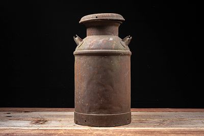 Antique Metal Milk Can. C-20755 Large cylindrical metal milk can with domed shoulder, wide 