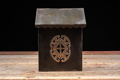 Mid 20th C Decorative Wall Mount Metal Mailbox. C-20791 Wall mount metal mailbox with hinged top 
