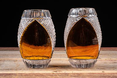 Two Polish Lead Crystal Vases w Amber Highlights. C-20792 Pair of cut lead crystal vases with 