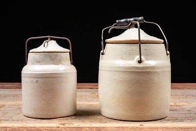 Pair of Stoneware Storage Canisters w Fitted Lids. C-20797 Pair of glazed stoneware storage 