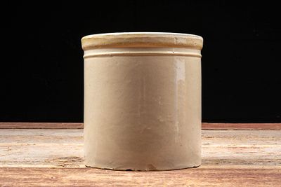 Bristol Glazed Stoneware Crock w Albany Slip. C-20798 Cylindrical stoneware crock with rolled 