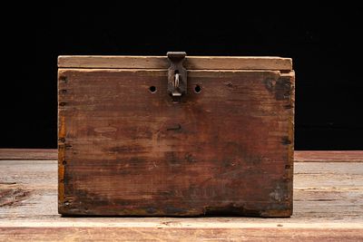 Primitive Handmade Wooden Storage Box. C-20800 Handmade wooden storage box with hinged lid, iron 