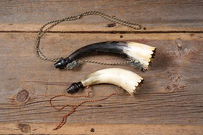Pair of German Souvenir Horn Powder Flasks. C-20776 Pair of decorative curved horn powder flasks 