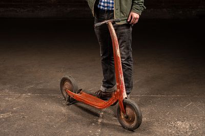 Vintage Steel Sidewalk Scooter, c. 1940s. C-20268 Pressed steel sidewalk scooter with a long 