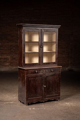 Primitive 2-Piece Hutch with Original Glass. C-20329 Late 19th century tall painted stepback 