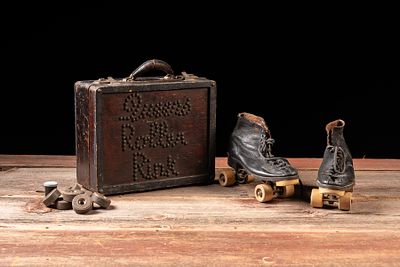 Inscribed -Queens Roller Rink- Case w Quad Skates. C-18870 Wooden roller skate carrying case 