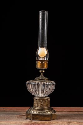 Antique Cut Glass and Brass Conversion Lamp. C-18871 Electric conversion lamp featuring a heavy 