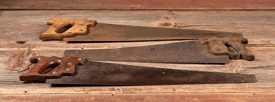 Lot of 3 Antique Hand Saws w Carved Wooden Handles. C-18874 Set of three antique hand saws 