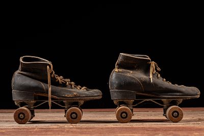 Antique Leather Roller Skates with Wooden Wheels. C-18880 Early pair of clamp-style roller 