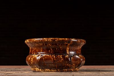 Antique Rockingham-Glazed Ceramic Spittoon. C-18768 Rockingham-glazed ceramic spittoon featuring 