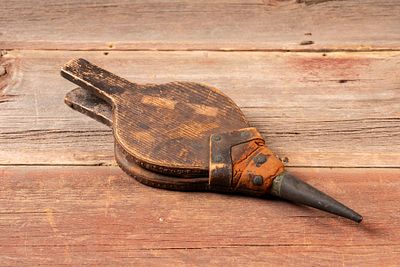 Antique Wood and Leather Blacksmith Bellows. C-18878 Traditional hand-operated blacksmith 